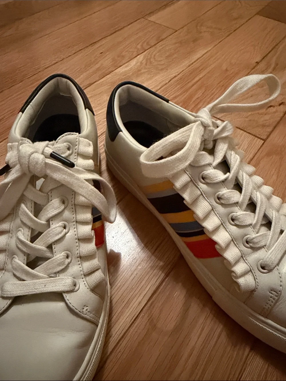 Tory Burch White Leather Sneakers with Red, Blue & Yellow Stripes